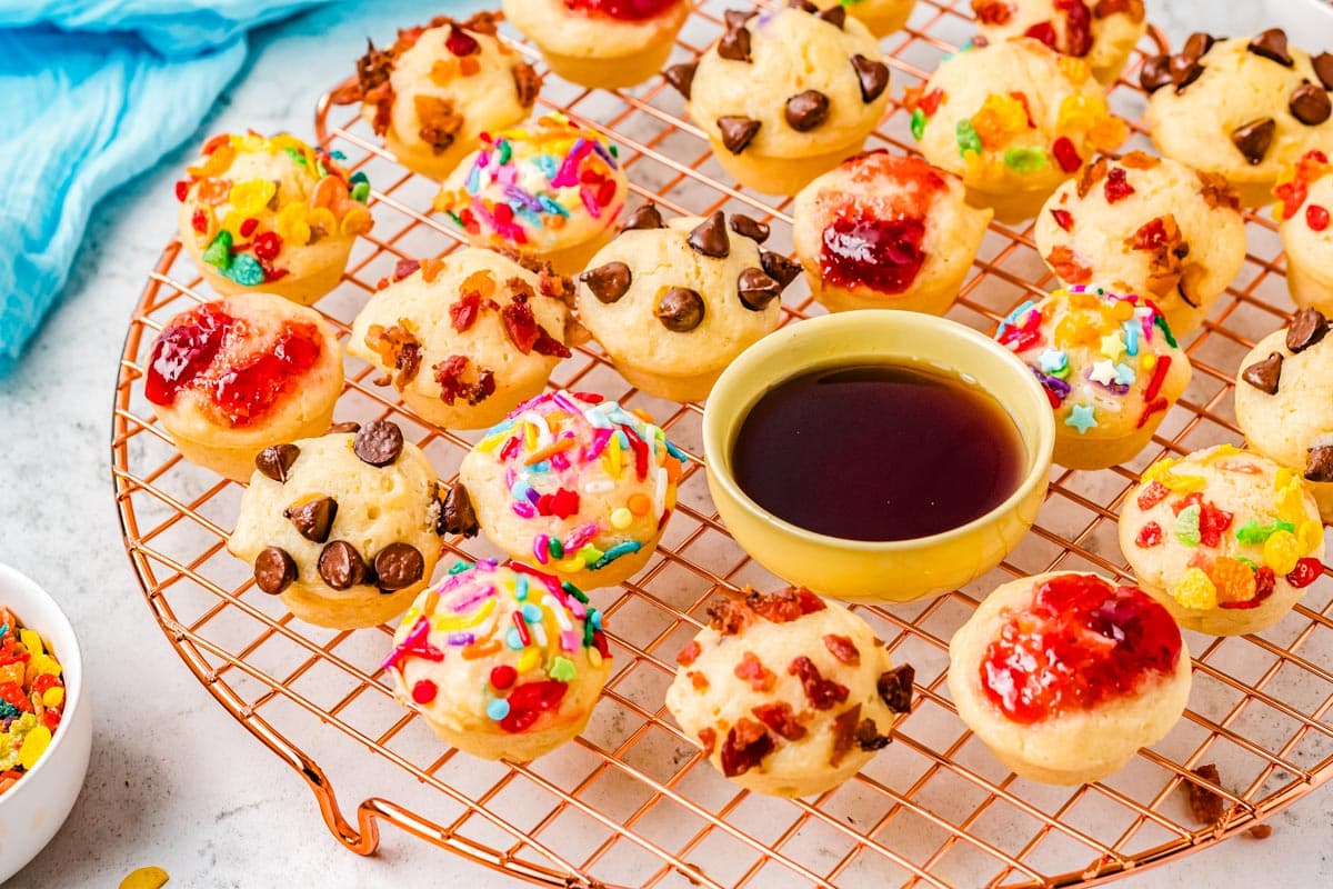 Pancake mini bites on a round cooling rack.