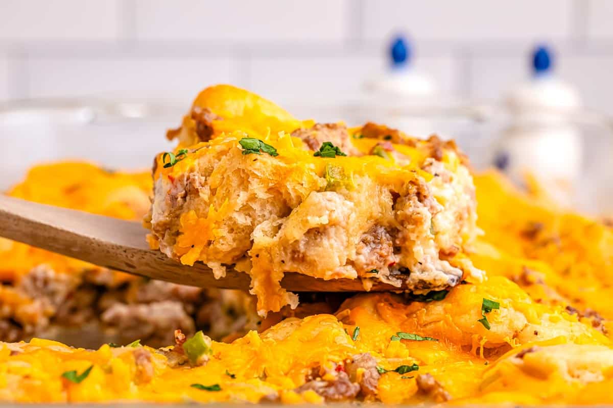 A slice of casserole taken out of the dish.