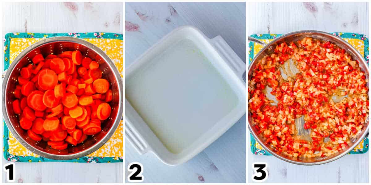 The carrots cooked and the baking dish greased.
