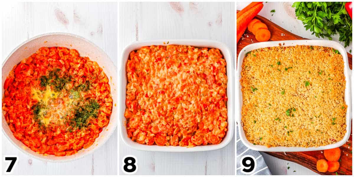 The carrot mixture mixed together, placed in a baking sheet, topped with Panko, and baked.