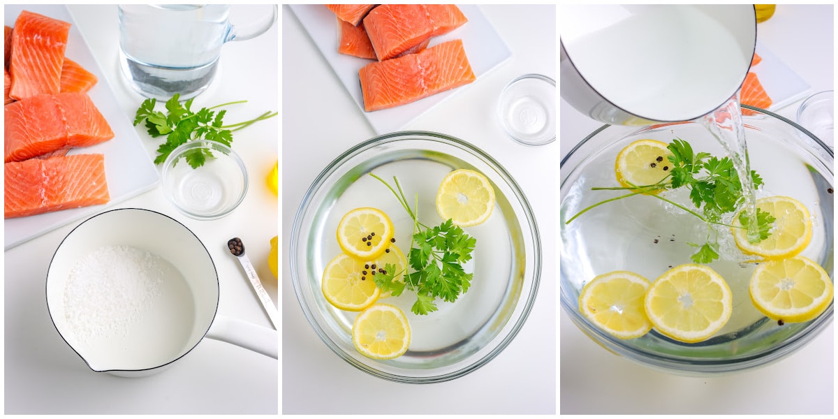 a pot of boiling water, brine ingredients in a bowl, adding hot water to brine ingredients
