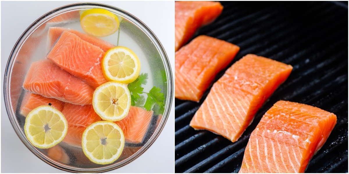 picture collage of brining the salmon and grilling the salmon
