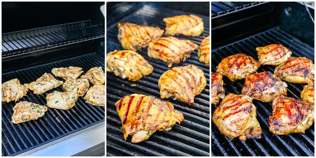 a collage of three pictures showing the different stages of grilling the chicken thighs