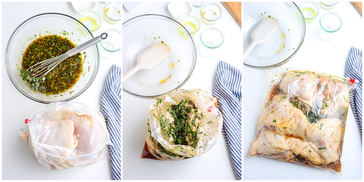a collage of three pictures showing mixing the chicken marinade, covering the chicken in marinade, and sealing the bag to chill