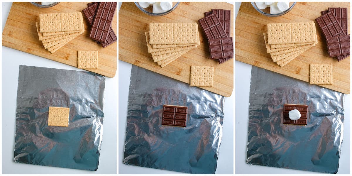 a collage of the steps of making grilled s'mores with foil, graham crackers, chocolate, and marshmallows