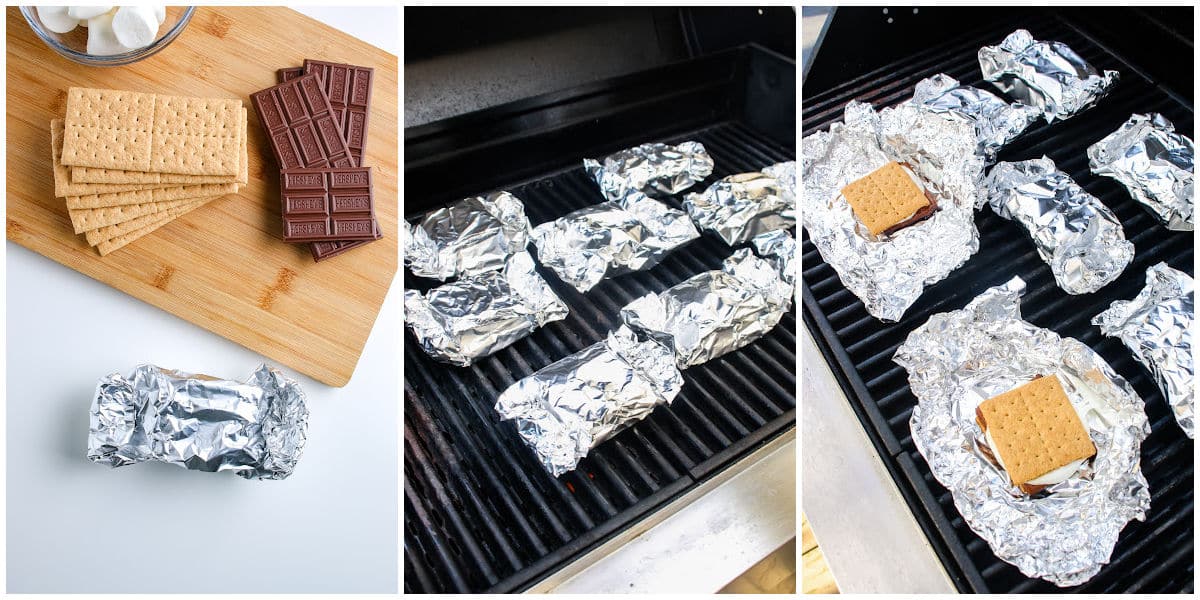 a collage of making s'mores on the grill, with wrapping the s'mores in foil, and grilling them