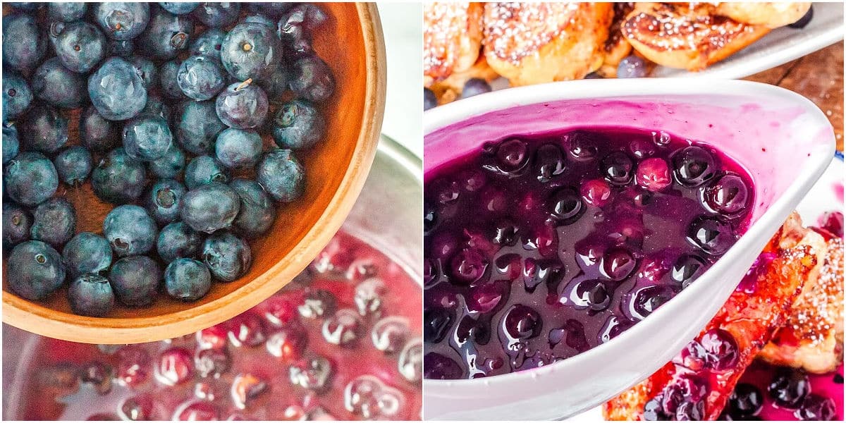 a collage of showing how to make blueberry syrup by adding blueberries to the syrup and letting the syrup cool