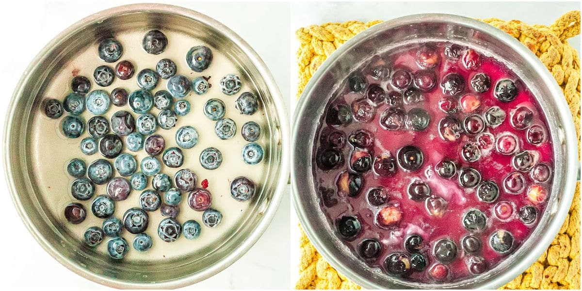 a collage showing how to make blueberry syrup by adding the ingredients to the pot and allowing them to boil