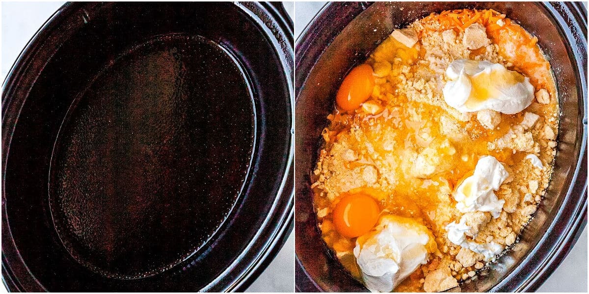 a collage showing a crockpot with cooking spray and the ingredients for making corn casserole in the crockpot