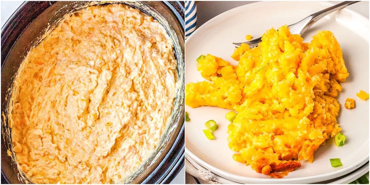 a collage with the ingredients mixed together in a crockpot and the garnishes on a serving of the casserole on a plate