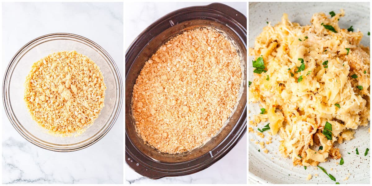 a collage showing how to make slow cooker chicken and noodle casserole with making and spreading the cracker topping and the garnishes for serving