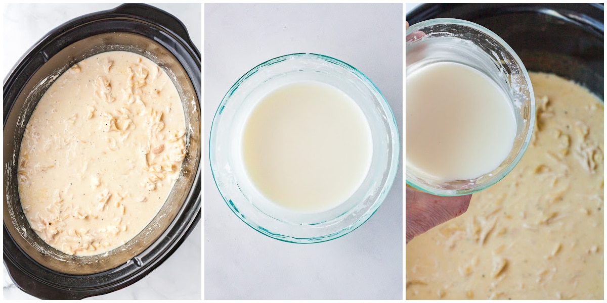 a collage showing how to make slow cooker chicken and noodle casserole, with the crockpot of ingredients and making the slurry to pour into the crockpot