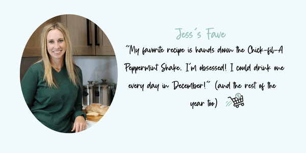 a picture of co-owner Jess with text overlay with her favorite recipe