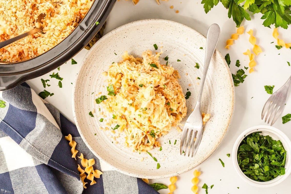 a plate of slow cooker chicken noodle casserole with the crockpot in the background