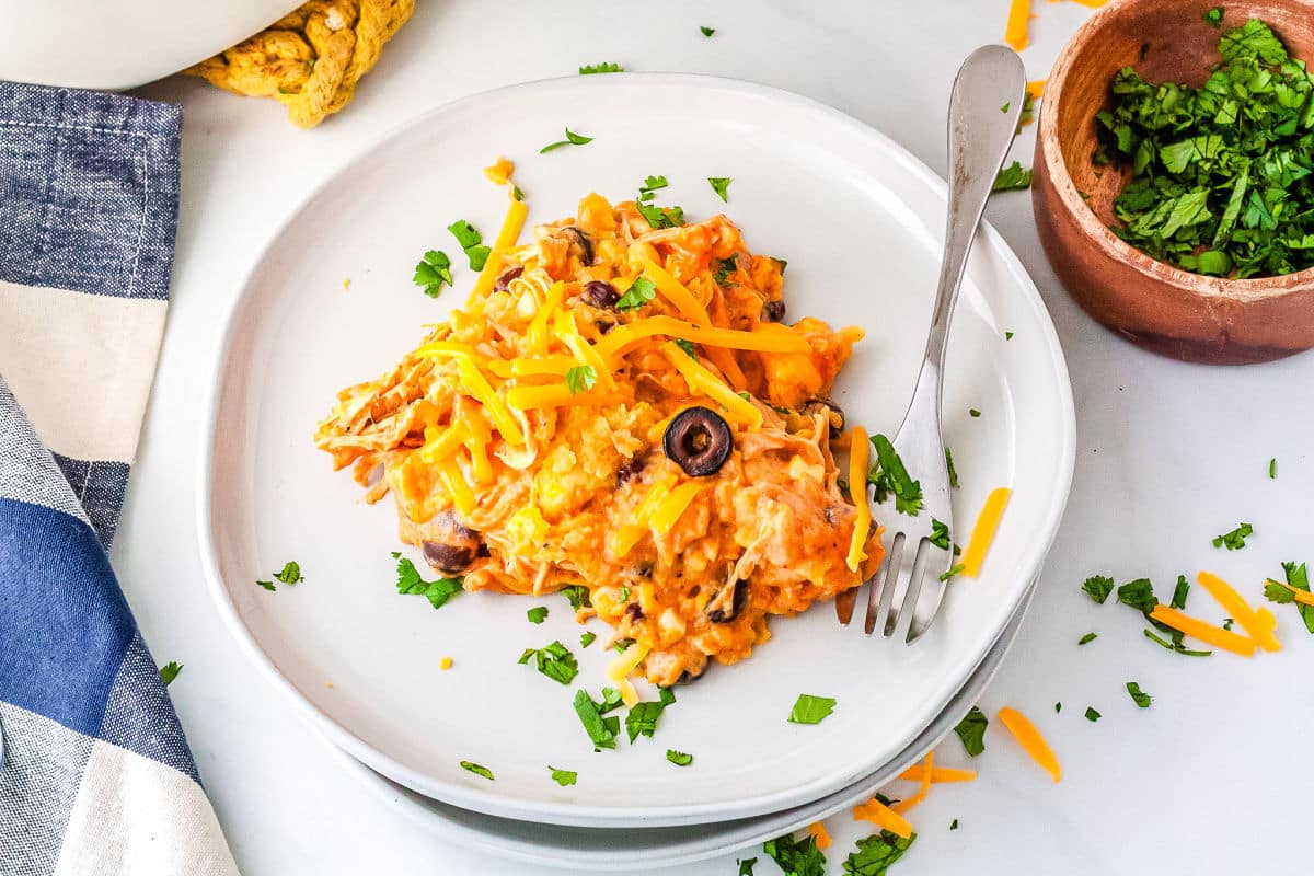 a serving of crockpot enchilada casserole on a plate
