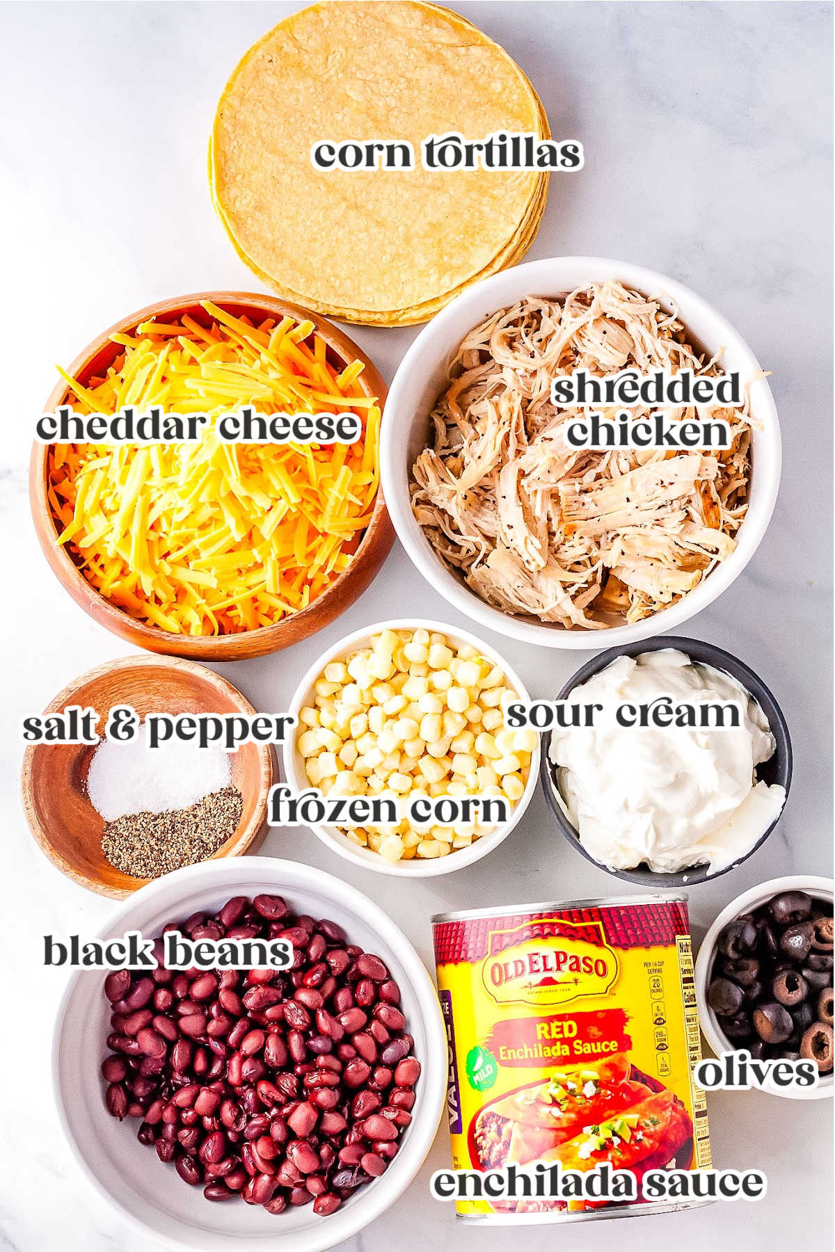 ingredients for chicken enchiladas in the crockpot with text overlay