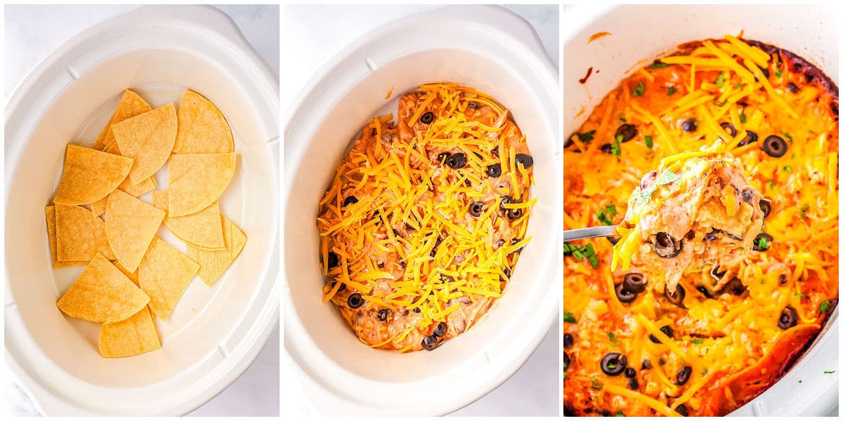 a collage showing layering the tortillas, enchilada mixture, and serving the crockpot chicken enchiladas casserole