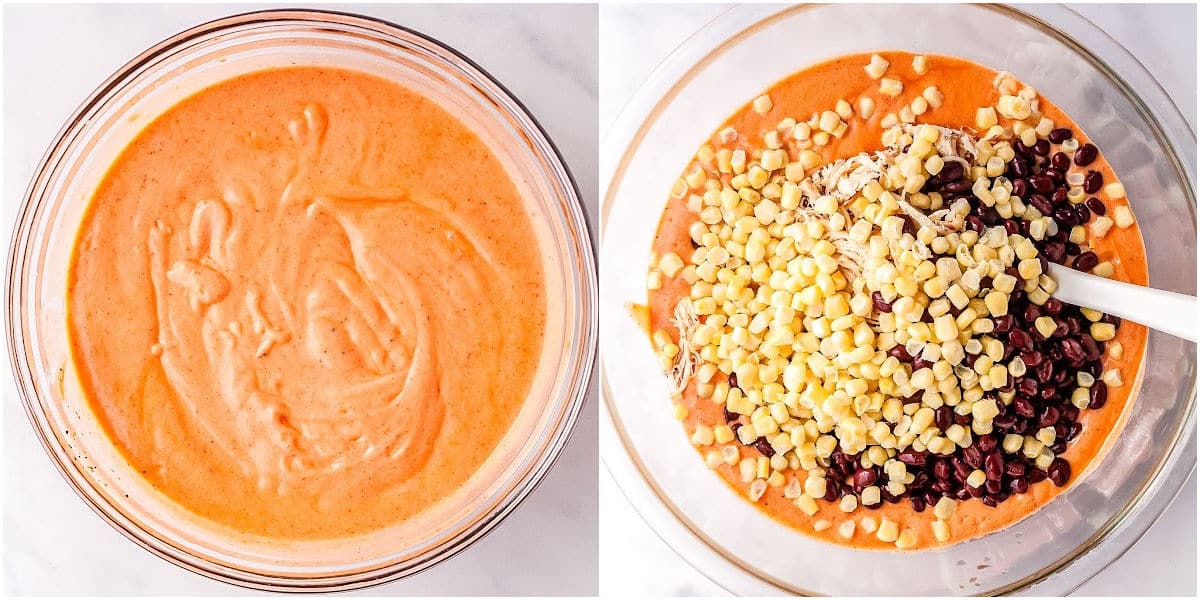 a collage of process shots for making crockpot chicken enchiladas casserole showing mixing the sauce together and the remaining ingredients