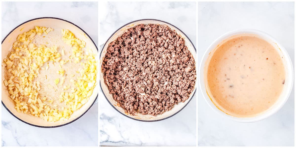 a collage showing how to make cowboy casserole by cooking the onions, beef, and mixing the sauce