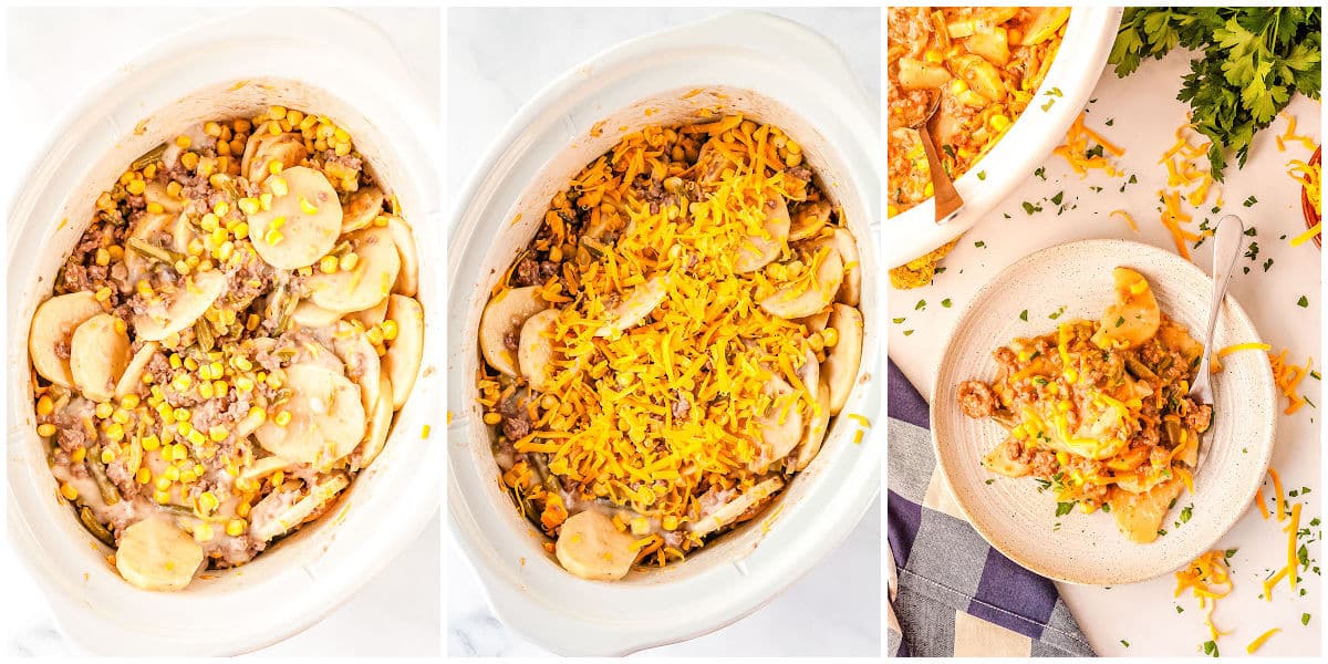 a collage of how to make cowboy casserole by adding the ingredients to the crockpot, cooking, and serving