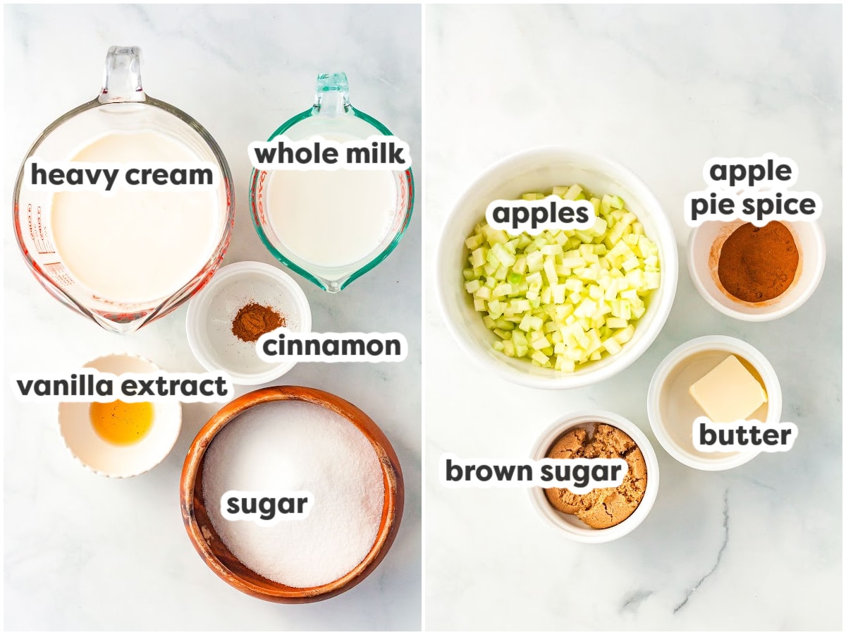 ingredients for making apple pie ice cream with text overlay