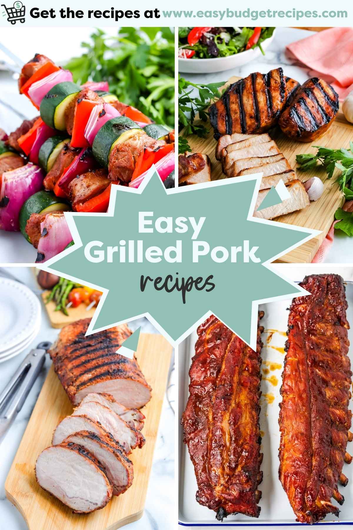 a collage of pork recipes with pork kabobs, pork loin, pork chops, and ribs with text overlay
