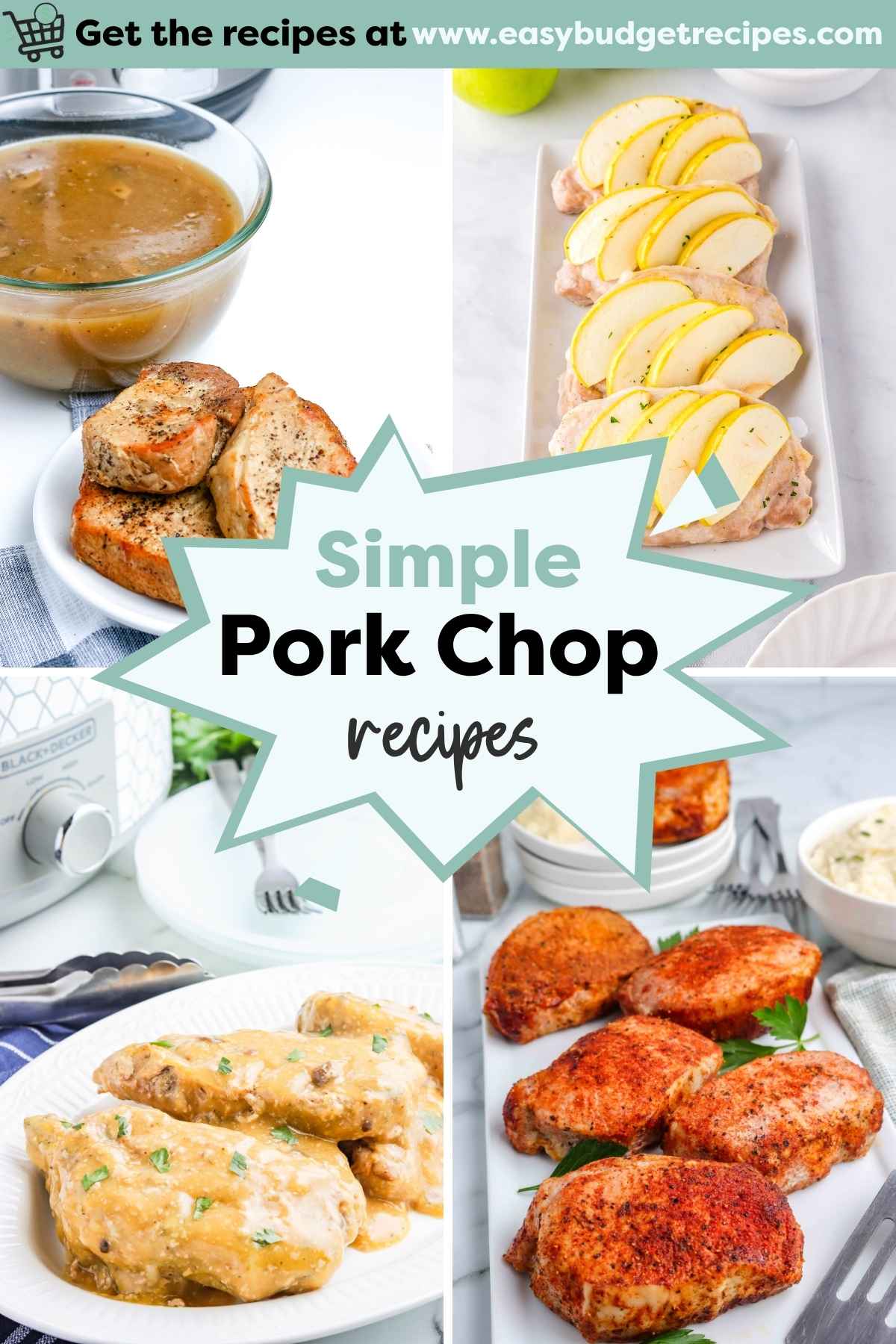a collage of pork chop recipes showing instant pot pork chops, pork chops with apples, crockpot pork chops, and baked pork chops with text overlay