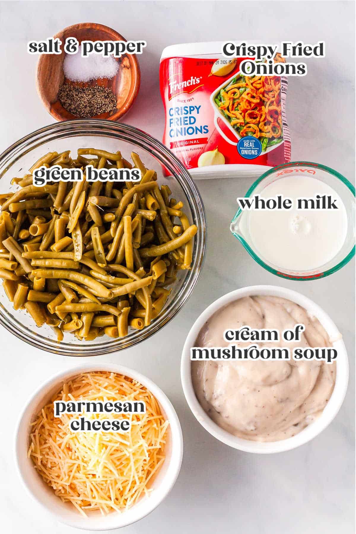 ingredients for green bean casserole with text overlay