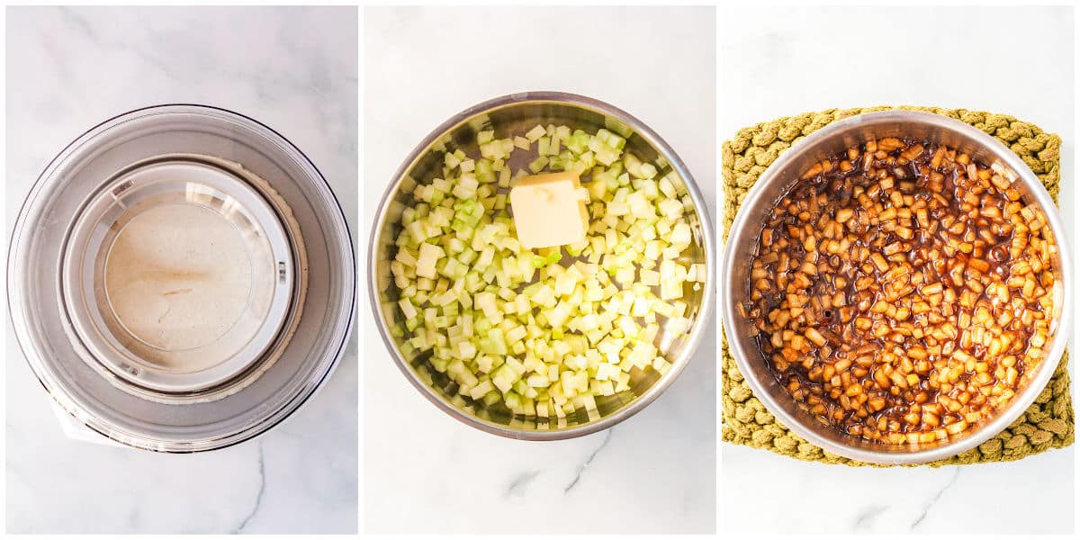 a collage showing churning the ice cream, and cooking the apples and butter, and mixing in the brown sugar to cook
