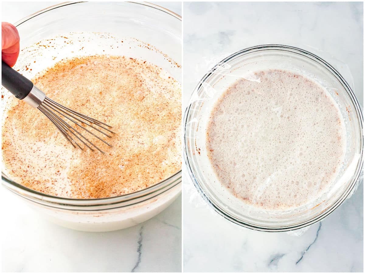 a collage of whisking the ice cream ingredients and covering it with plastic wrap