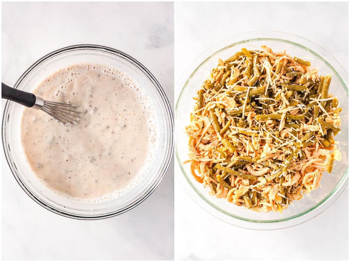 a collage showing how to make green bean casserole with one picture whisking the liquid ingredients together and the second picture showing the remaining ingredients being tossed together