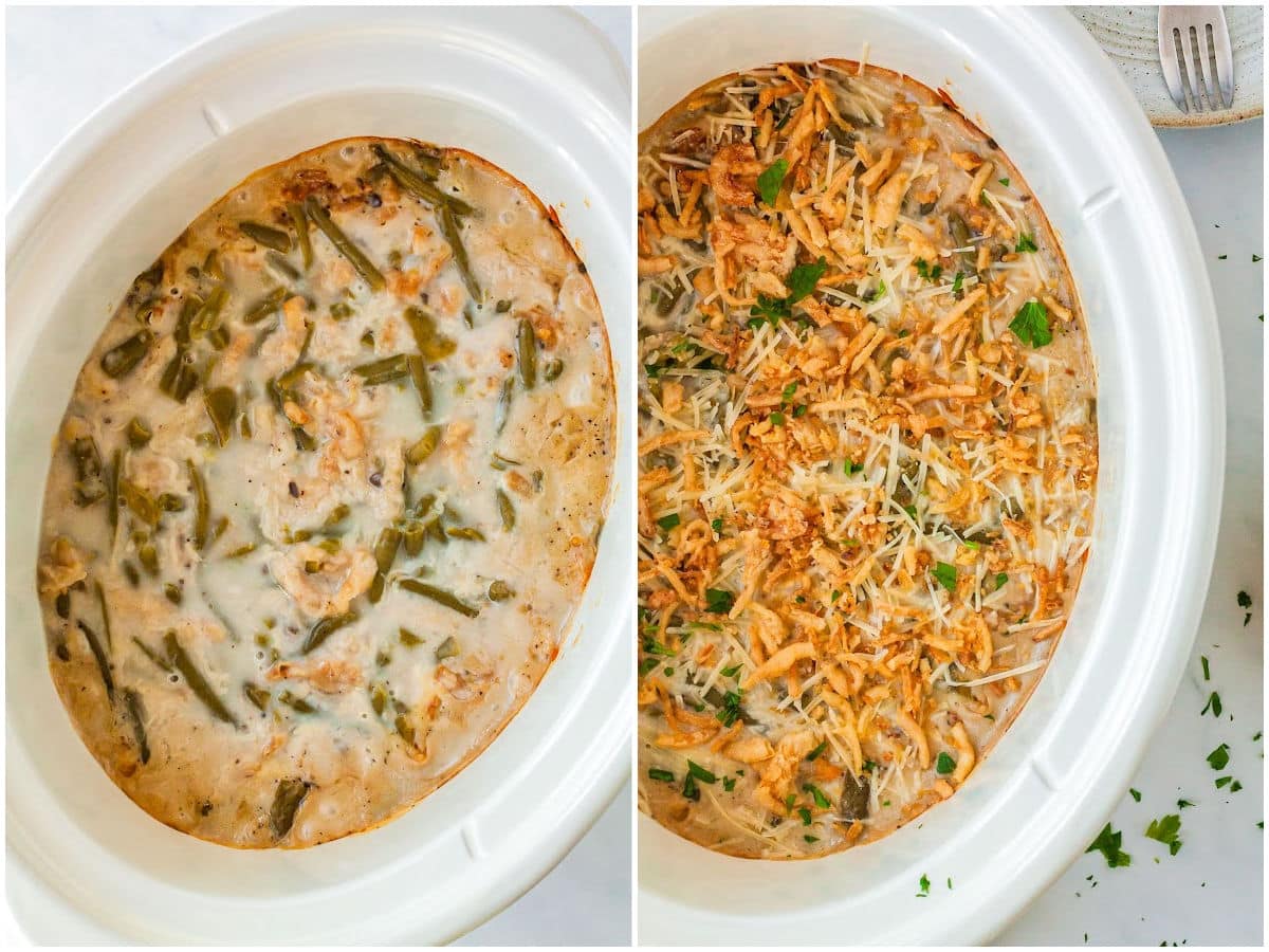 a collage showing cooking the green bean casserole and after it is finished cooking