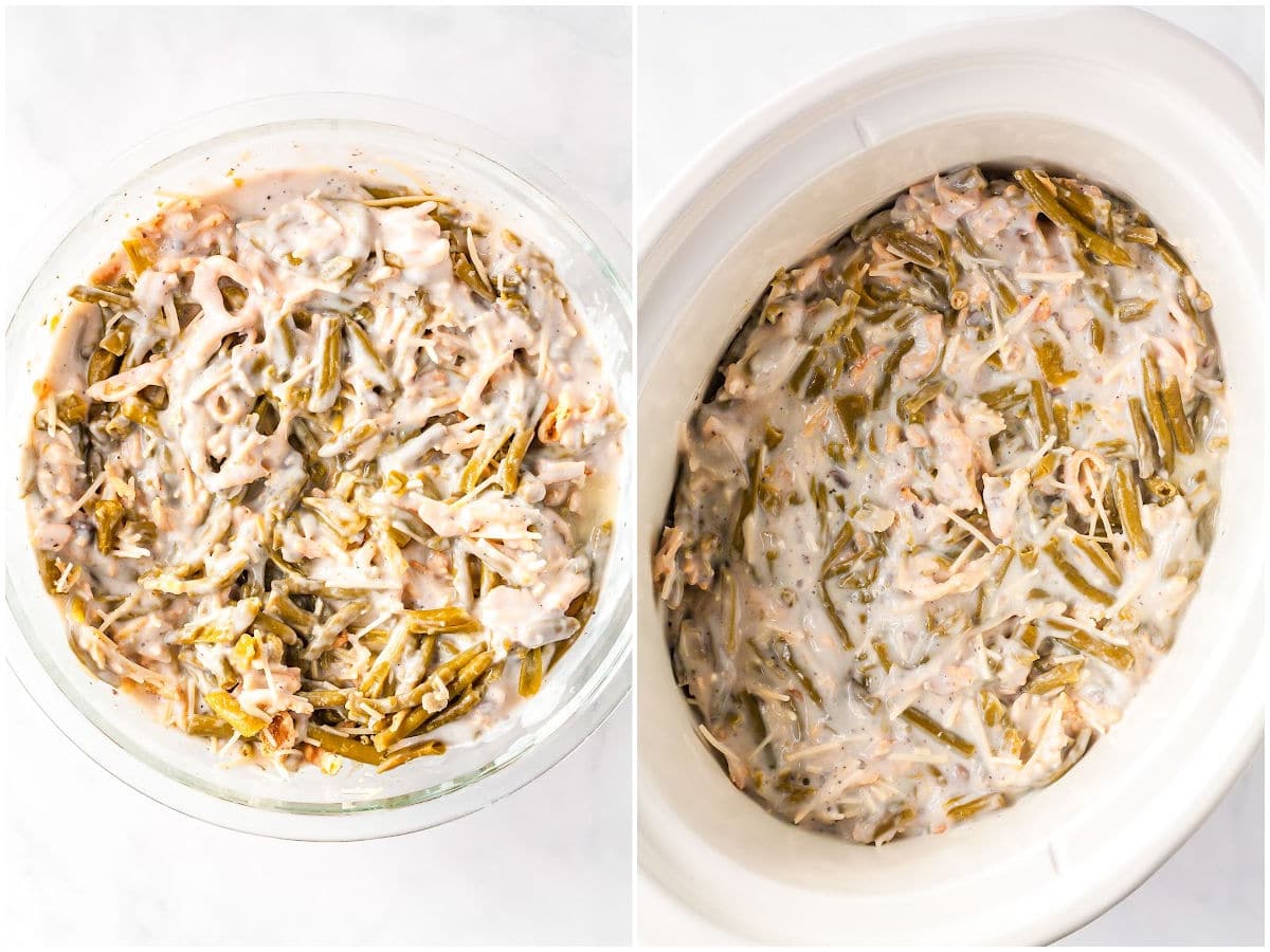 a collage showing mixing the soup mixture and green bean mixture together and pouring the mixture into the crockpot