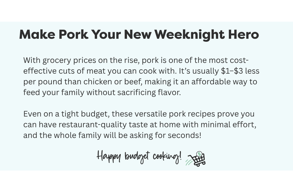 a green box with text overlay about cooking with pork and a brand picture of a grocery cart