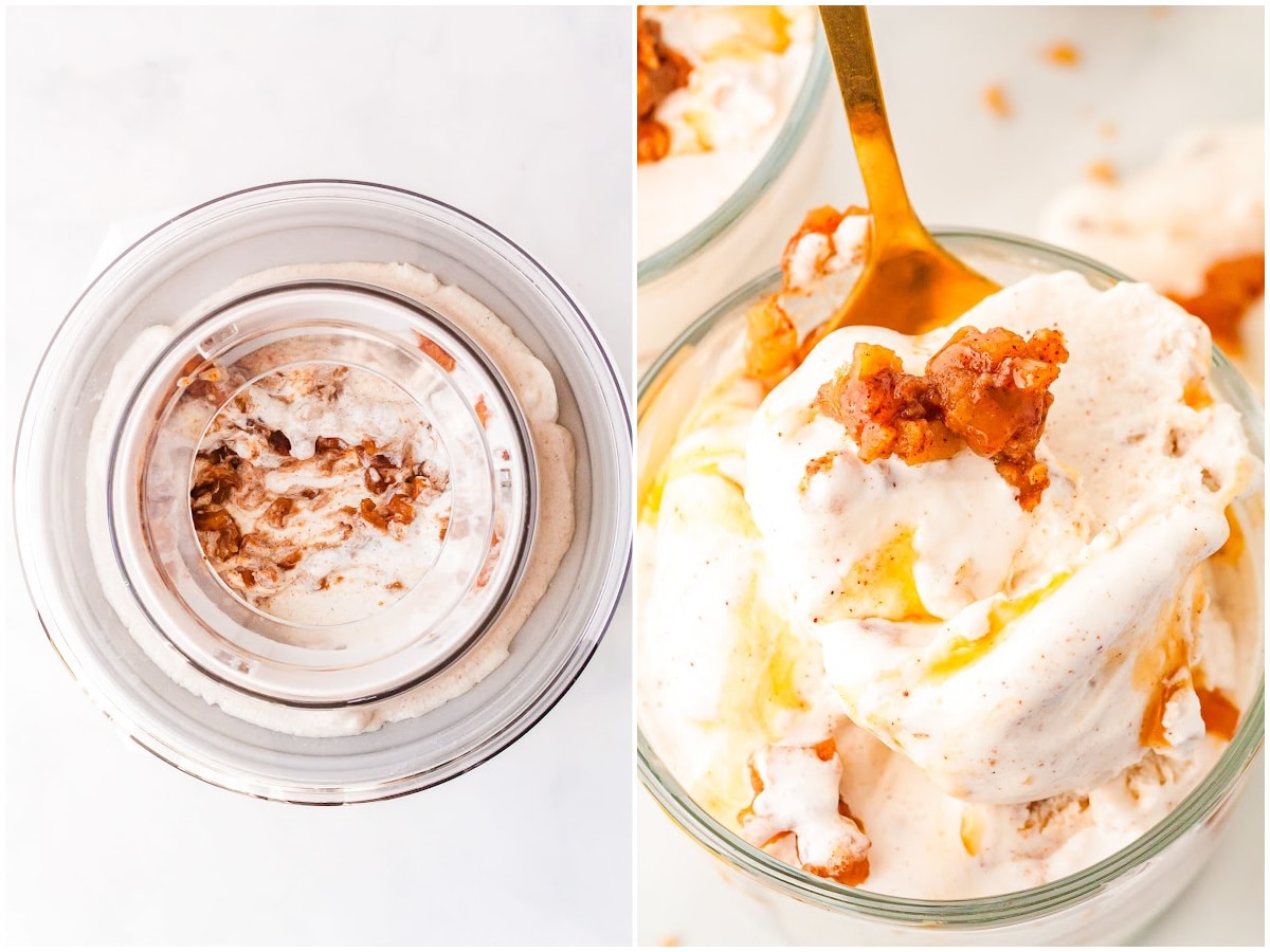 collage of churning ice cream and serving the ice cream in a dish