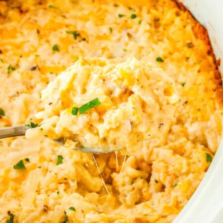 a crockpot with Cracker Barrel Hashbrown casserole in it