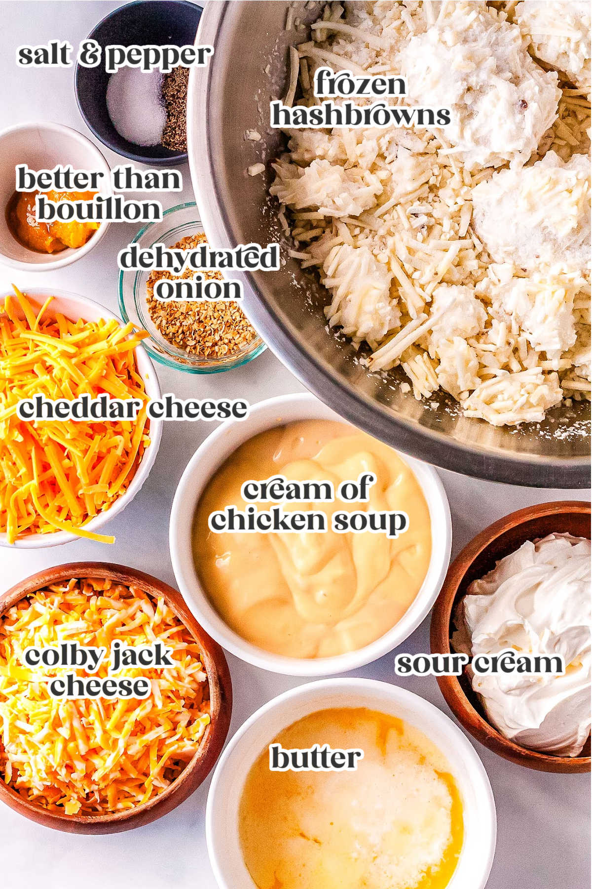 ingredients for hashbrown casserole with text overlay