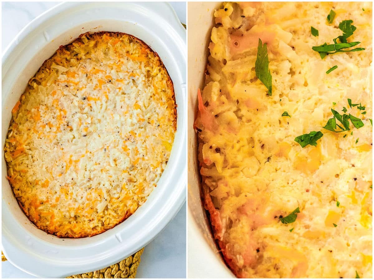a collage showing how to make crockpot hashbrown casserole by cooking the casserole in the crockpot and garnishing with parsley before serving