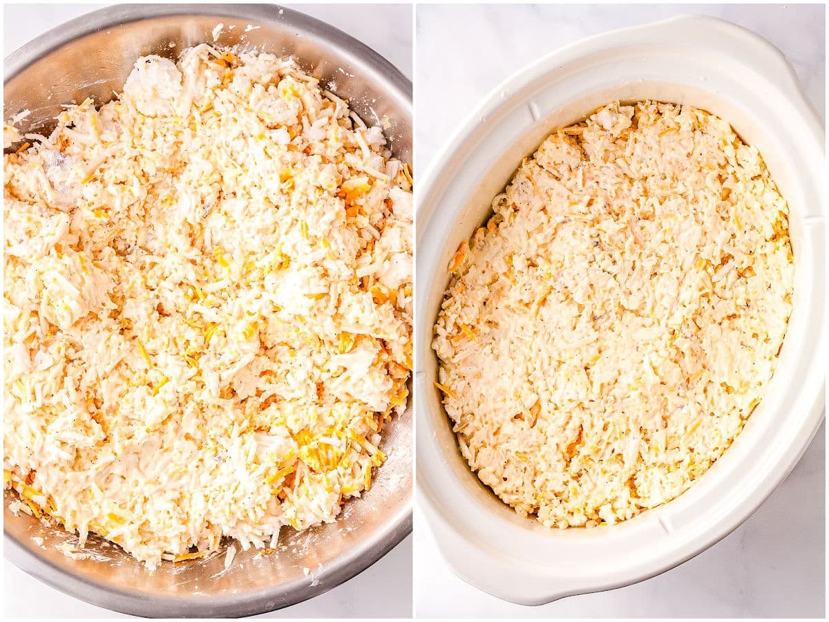 a collage showing how to make hashbrown casserole by mixing the ingredients together and pouring them into the crockpot