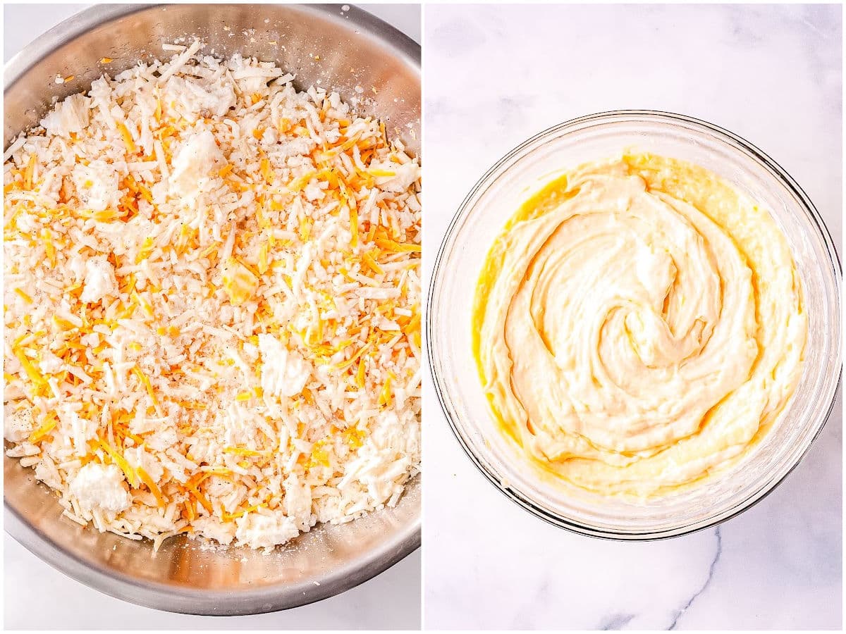 a collage of making hashbrown casserole by thawing the hashbrowns and mixing the soup mixture