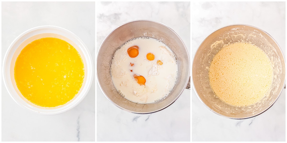 a collage showing how to make German pancakes by melting the butter, pouring the ingredients in a bowl, and mixing the ingredients together.