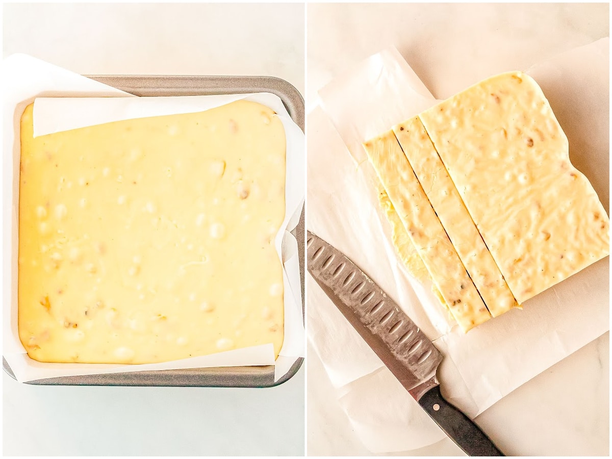a collage showing how to make vanilla fudge by spreading the fudge in the pan to chill and then slicing it into pieces