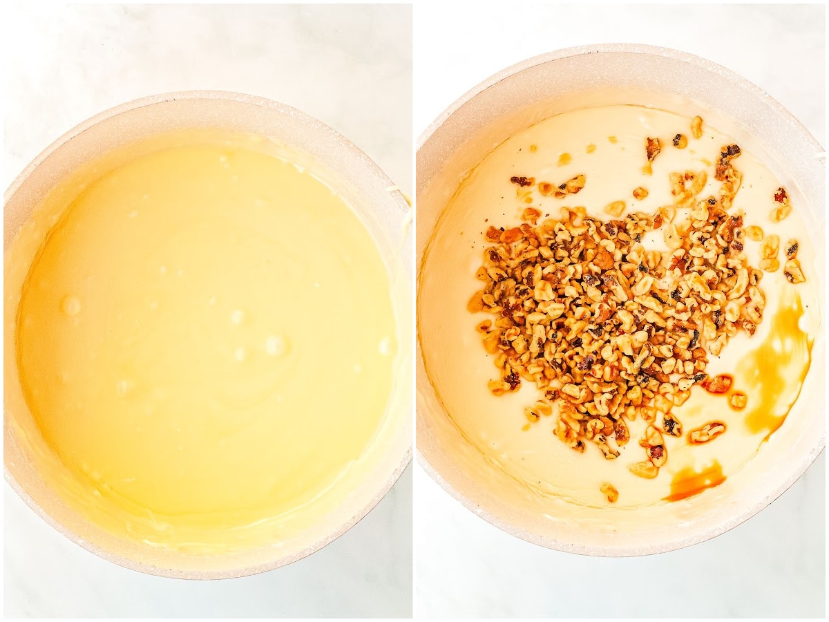 a collage showing how to make vanilla fudge by melting the chocolate chips and mixing in the remaining ingredients