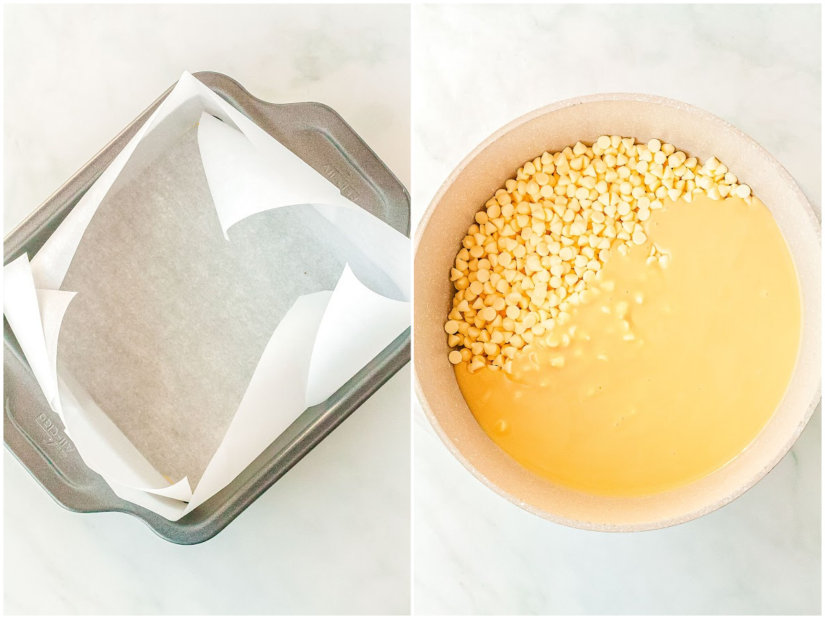 a collage showing how to make vanilla fudge by lining a baking sheet with parchment paper and melting the chocolate chip and sweetened condensed milk