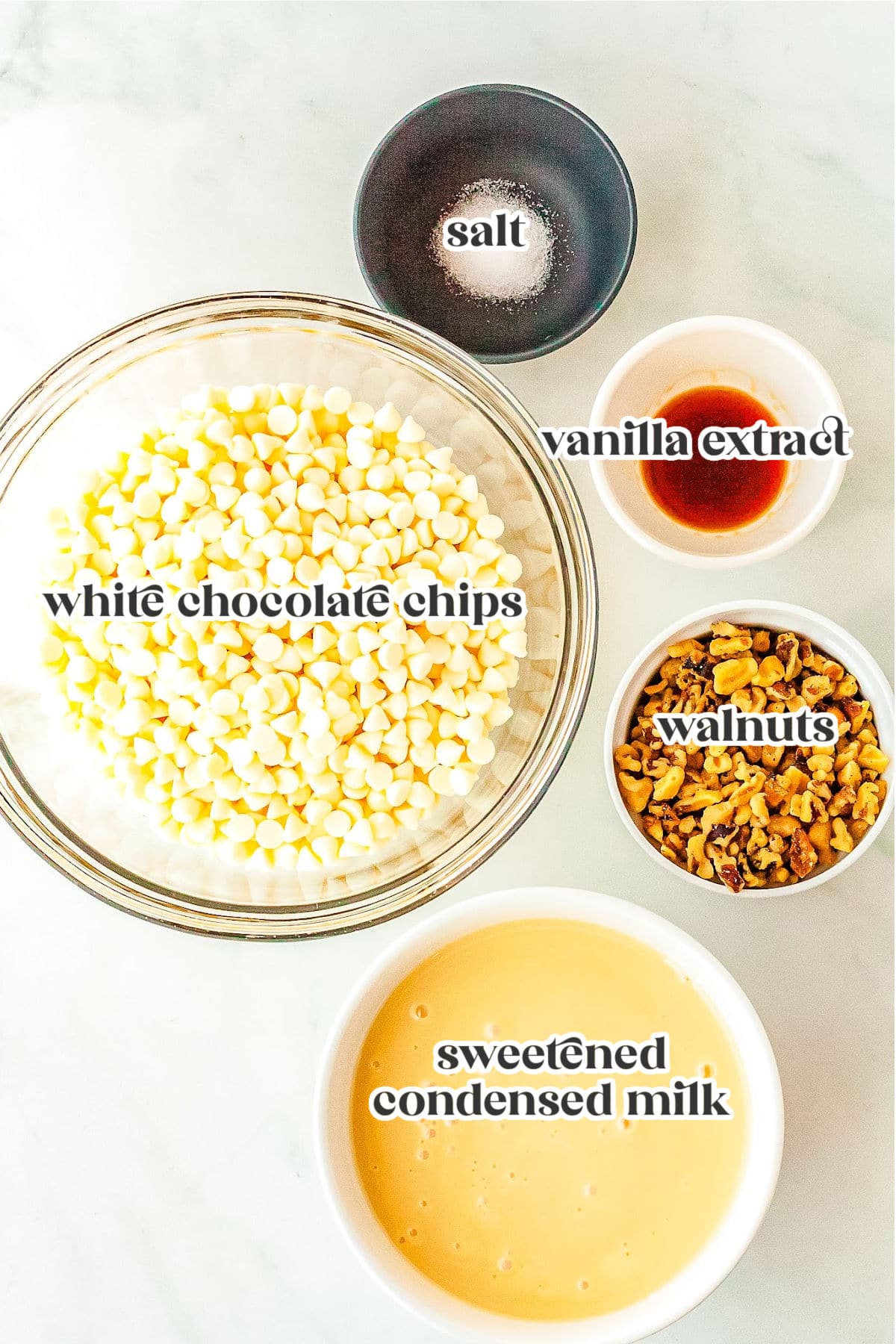 ingredients for making vanilla fudge with text overlay