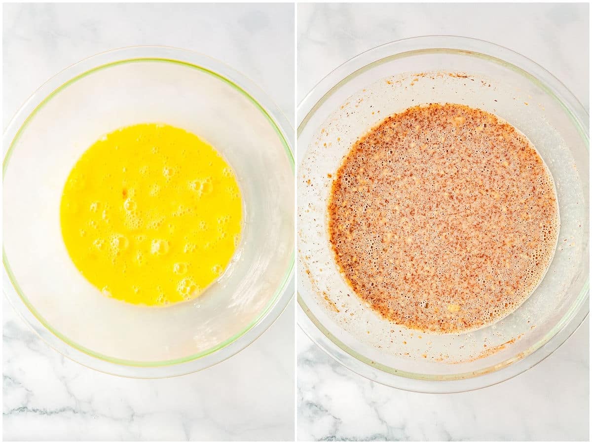 a collage showing the beaten eggs, and the rest of the ingredients mixed together