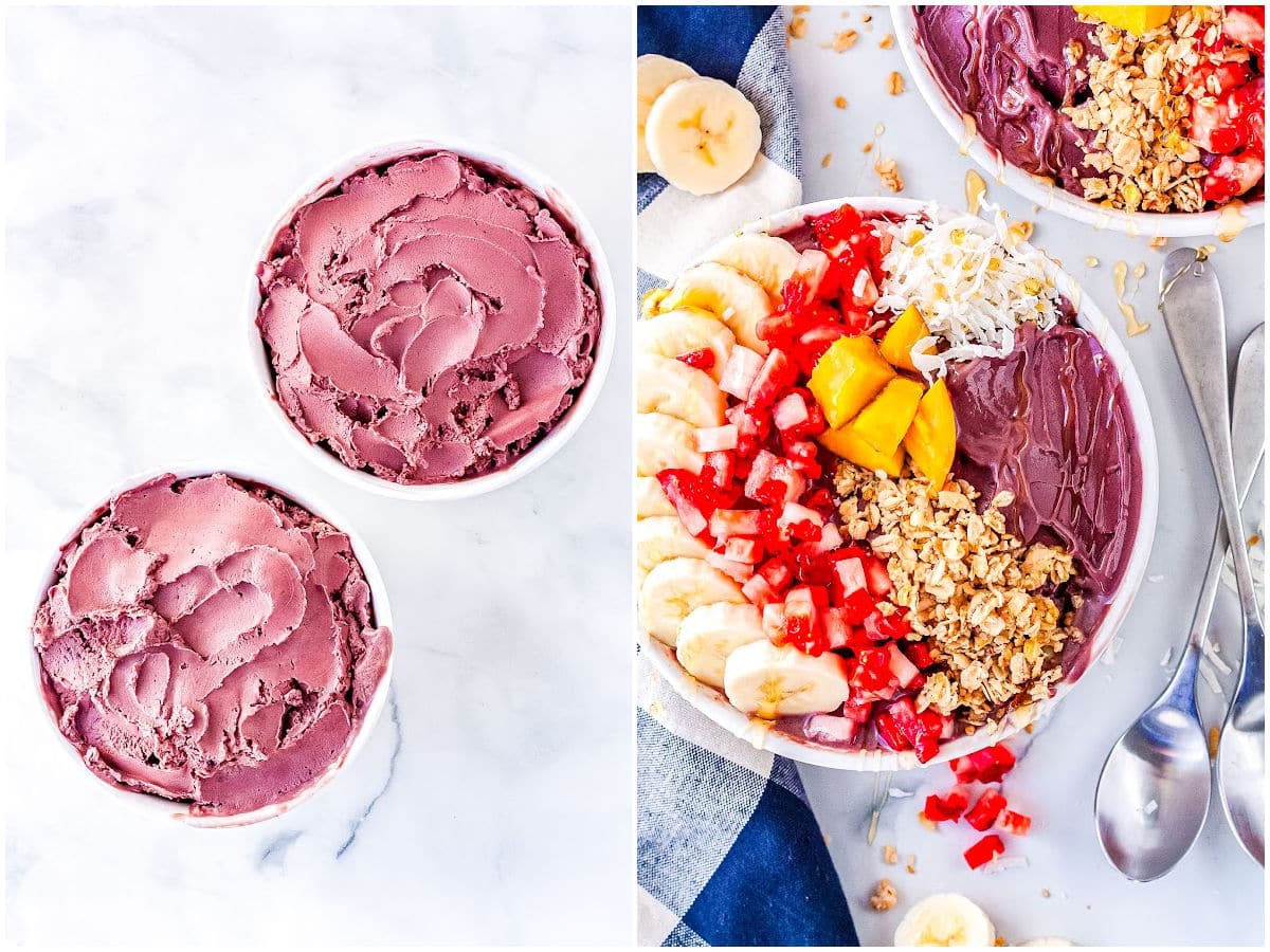 a collage showing how to make acai bowls by scooping it into bowls and adding toppings for serving