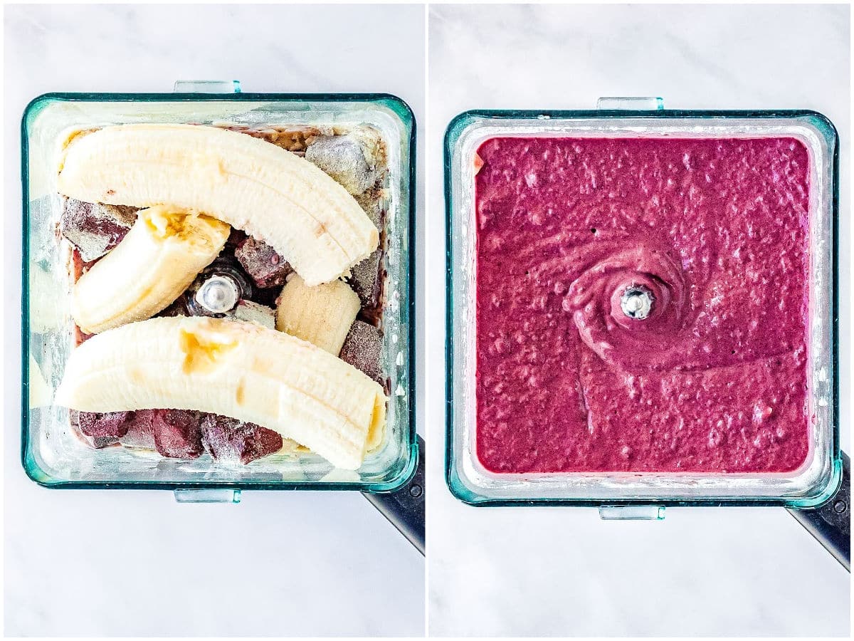 a collage showing how to make acai bowls by adding ingredients to a blender and blending everything together
