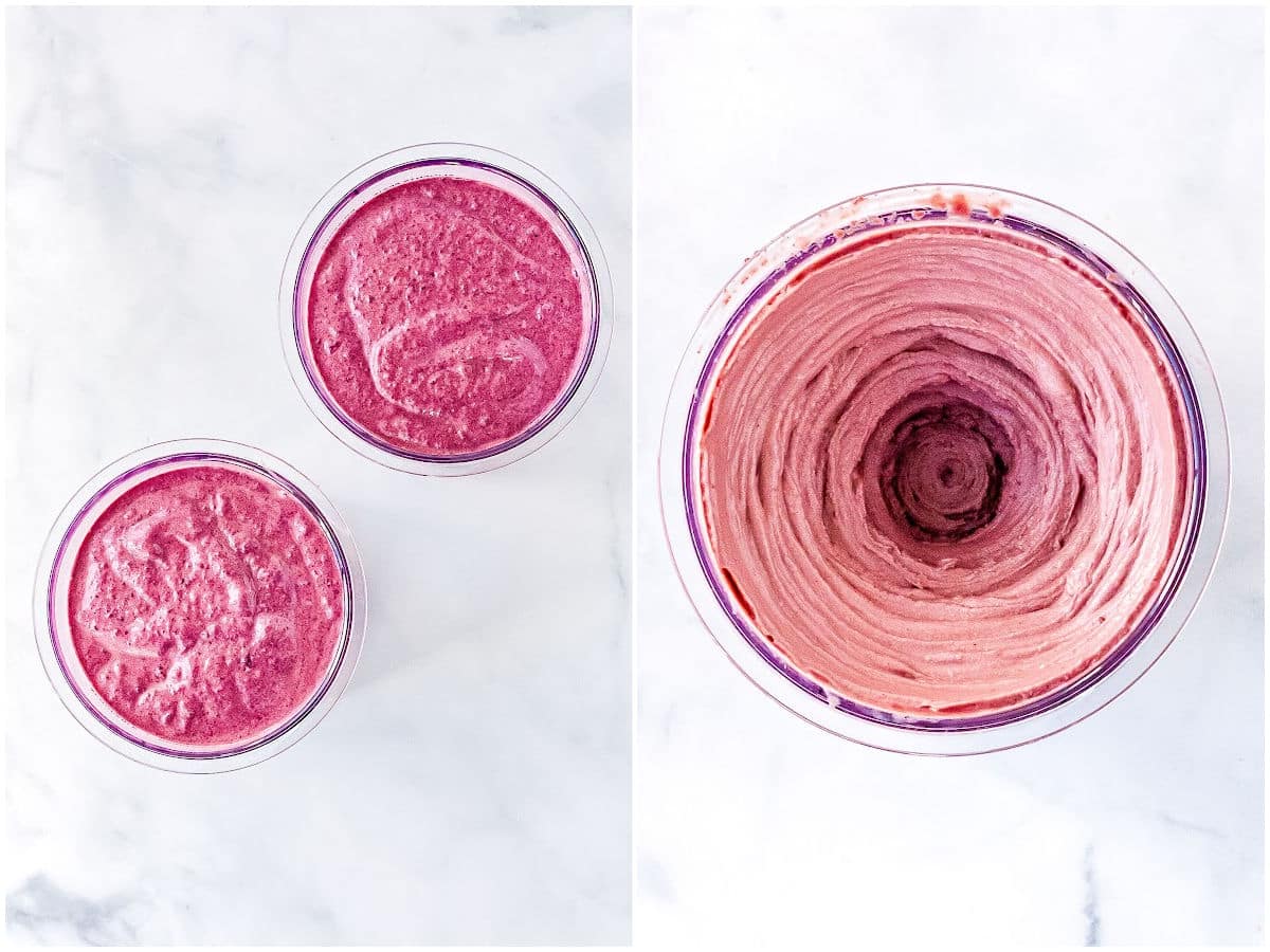 a collage showing pouring the acai into the freezer containers and then blending it smooth in the ninja creami