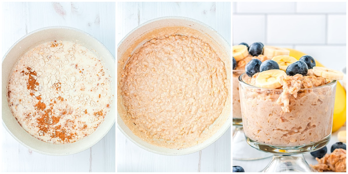 a collage showing how to make oatmeal breakfast cups by bringing all of the ingredients to a boil mixing, and serving
